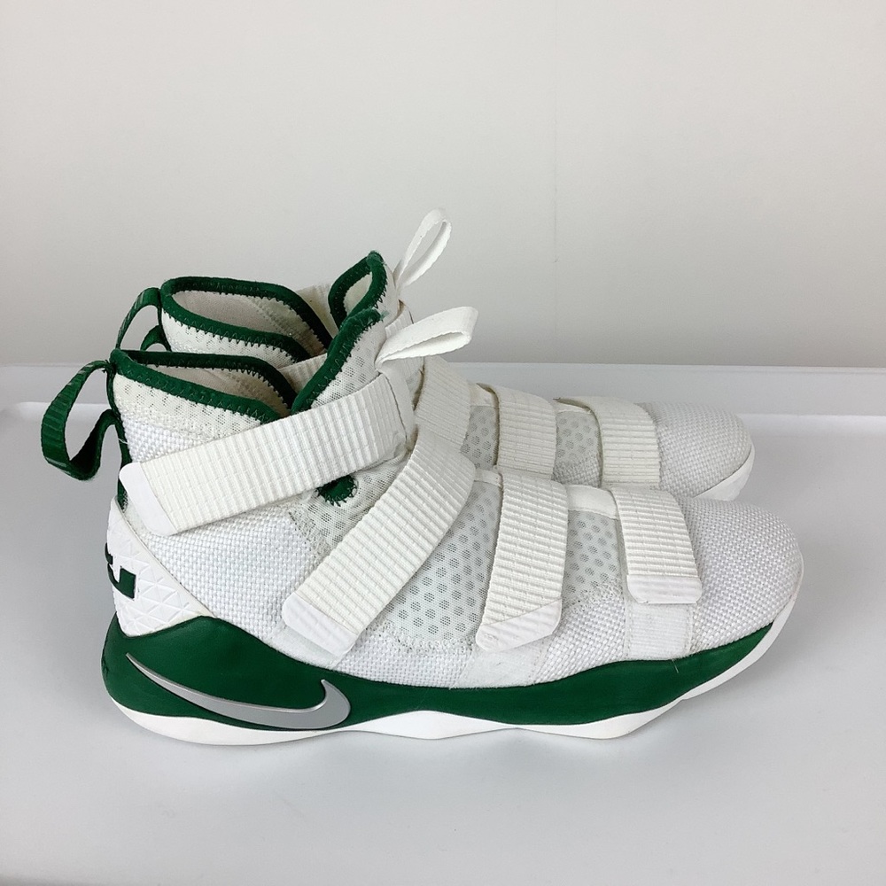 Nike Zoom White Green Basketball Lebron Soldier 11 High Top Sneakers - Picture 1 of 9